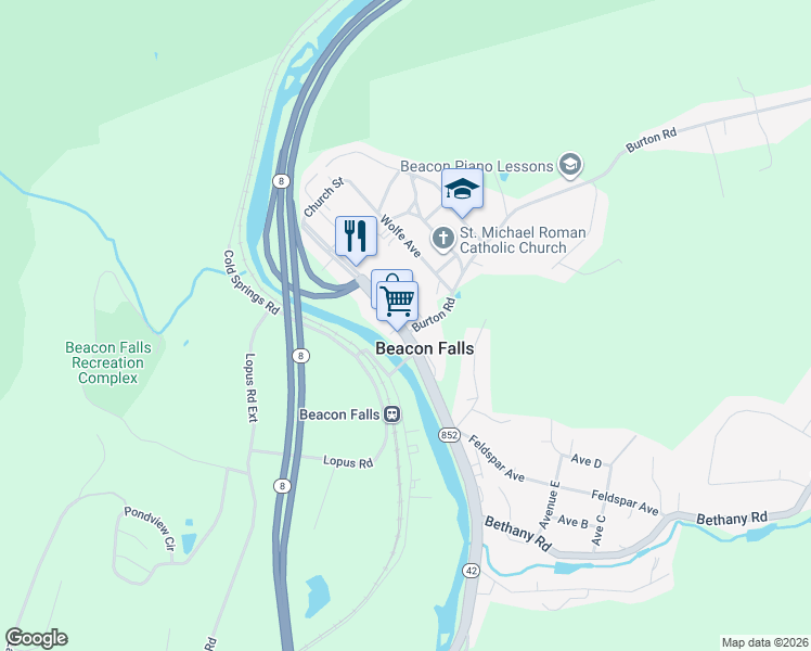 map of restaurants, bars, coffee shops, grocery stores, and more near 10 North Main Street in Beacon Falls