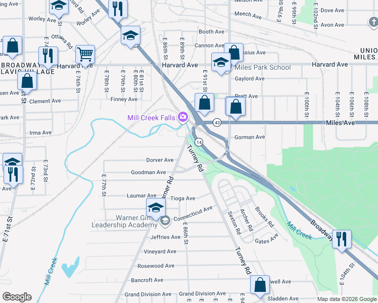 map of restaurants, bars, coffee shops, grocery stores, and more near 4268 Warner Road in Cleveland