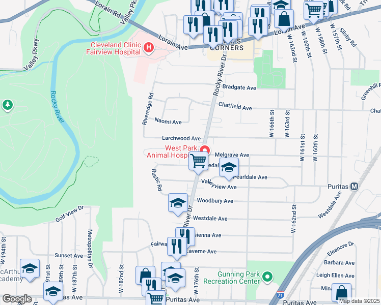 map of restaurants, bars, coffee shops, grocery stores, and more near 17725 Larchwood Avenue in Cleveland