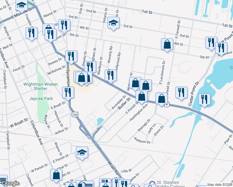 map of restaurants, bars, coffee shops, grocery stores, and more near 1343 Springdale Dr in Sandusky