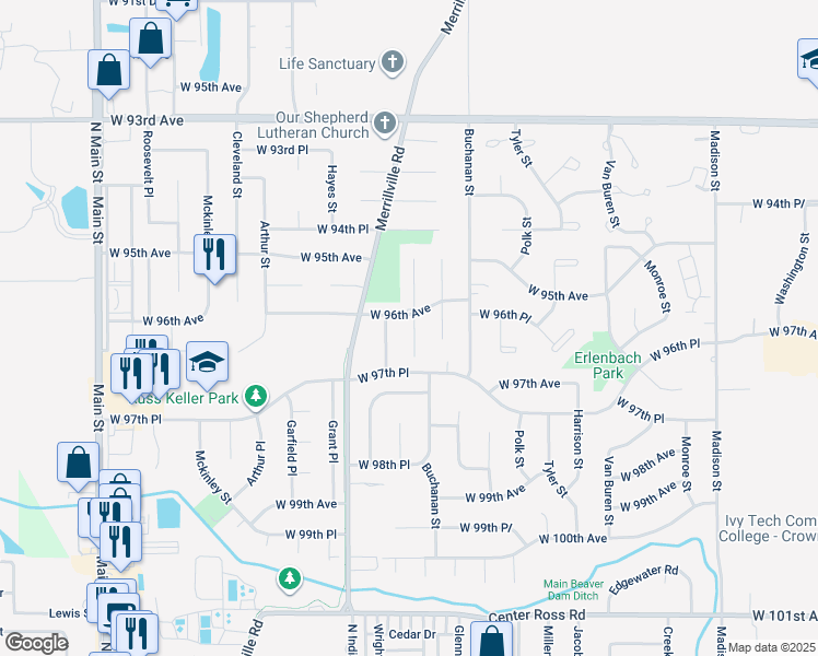 map of restaurants, bars, coffee shops, grocery stores, and more near 9600 johnson Street in Crown Point