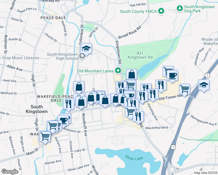 map of restaurants, bars, coffee shops, grocery stores, and more near 75 Oak Street in South Kingstown
