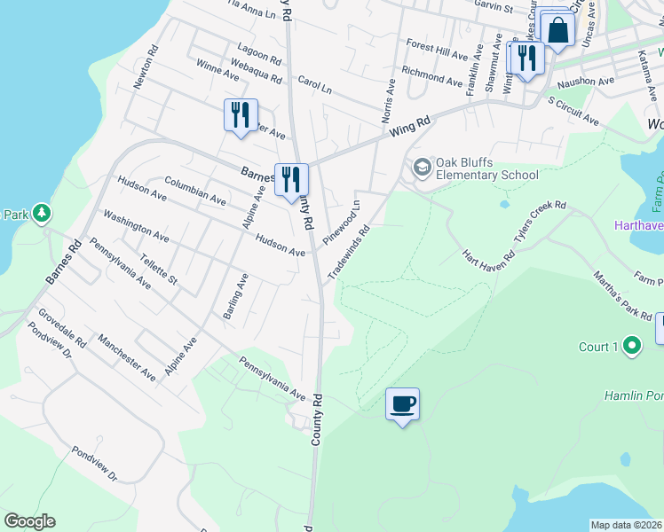 map of restaurants, bars, coffee shops, grocery stores, and more near 1 Pinewood Lane in Oak Bluffs