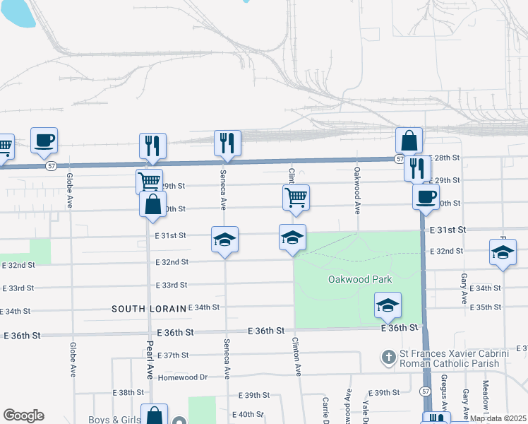 map of restaurants, bars, coffee shops, grocery stores, and more near 1951 East 30th Street in Lorain