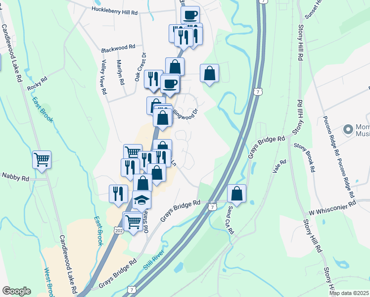 map of restaurants, bars, coffee shops, grocery stores, and more near 102 Homestead Lane in Brookfield