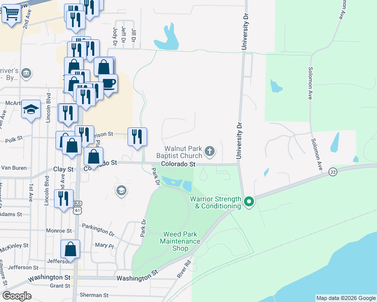 map of restaurants, bars, coffee shops, grocery stores, and more near 207 Colorado Street in Muscatine