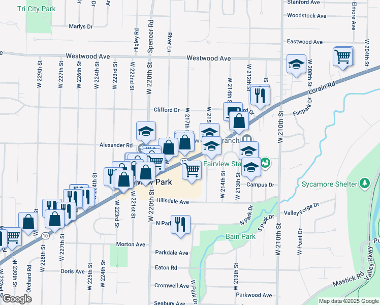 map of restaurants, bars, coffee shops, grocery stores, and more near 21690 Lorain Road in Fairview Park