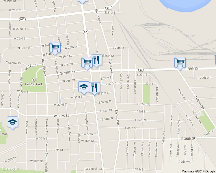 map of restaurants, bars, coffee shops, grocery stores, and more near 218 East 30th Street in Lorain