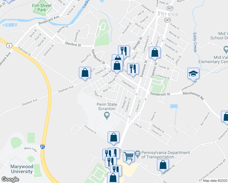 map of restaurants, bars, coffee shops, grocery stores, and more near 83 Mruck Street in Throop