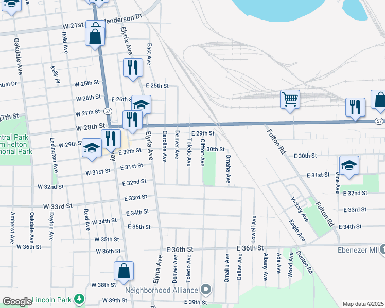 map of restaurants, bars, coffee shops, grocery stores, and more near 3019 Toledo Avenue in Lorain