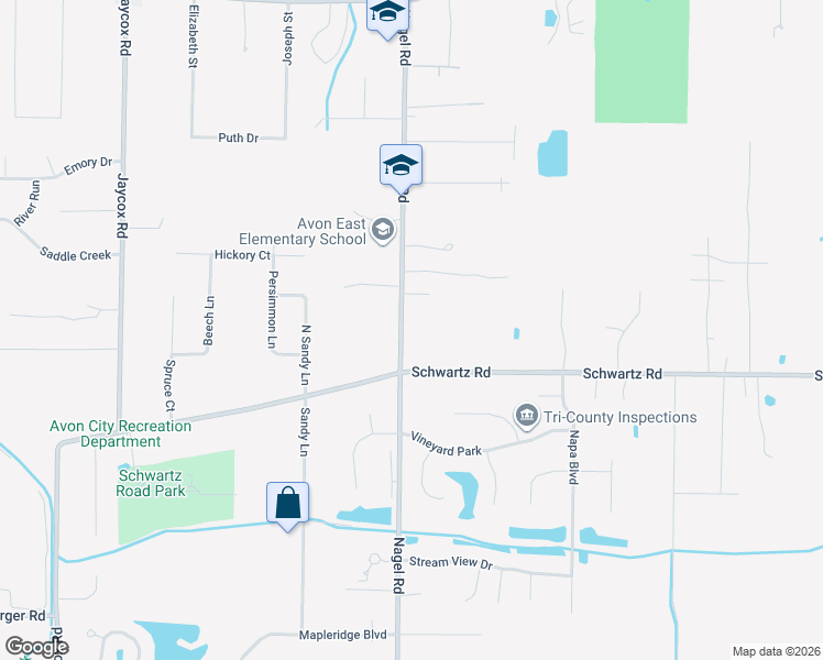 map of restaurants, bars, coffee shops, grocery stores, and more near 3235 Nagel Road in Avon