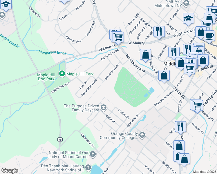 map of restaurants, bars, coffee shops, grocery stores, and more near 1 Orange Terrace in Middletown
