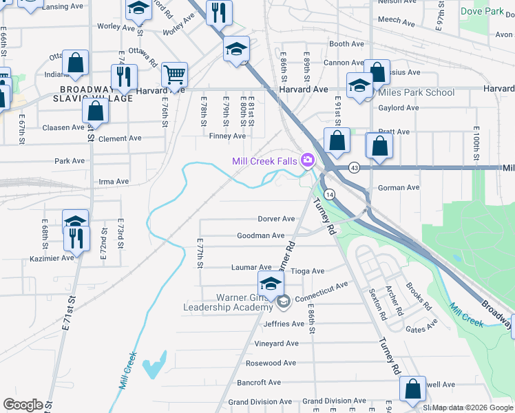 map of restaurants, bars, coffee shops, grocery stores, and more near 8106 Beman Avenue in Cleveland