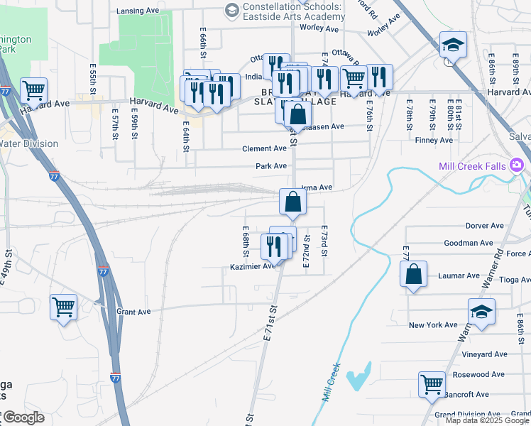 map of restaurants, bars, coffee shops, grocery stores, and more near 6917 Berdelle Avenue in Cleveland