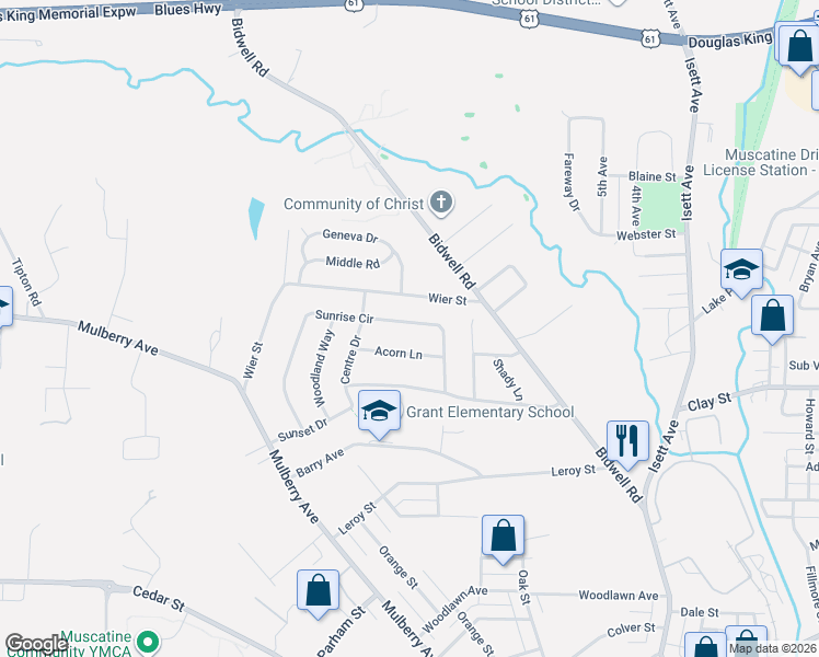 map of restaurants, bars, coffee shops, grocery stores, and more near 1006 Sunrise Circle in Muscatine