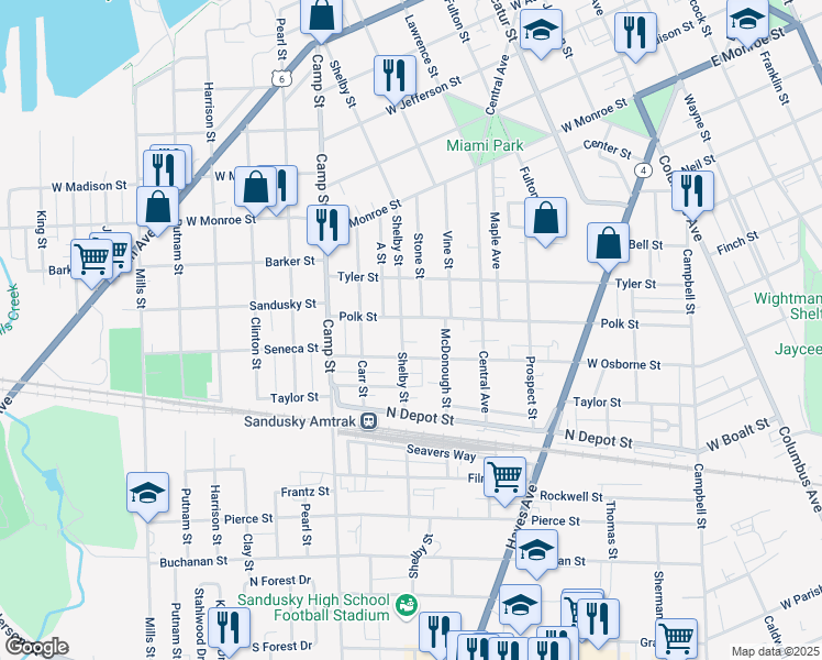 map of restaurants, bars, coffee shops, grocery stores, and more near 1405 Shelby Street in Sandusky