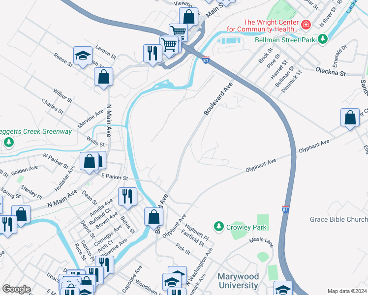 map of restaurants, bars, coffee shops, grocery stores, and more near 2751 Boulevard Avenue in Scranton