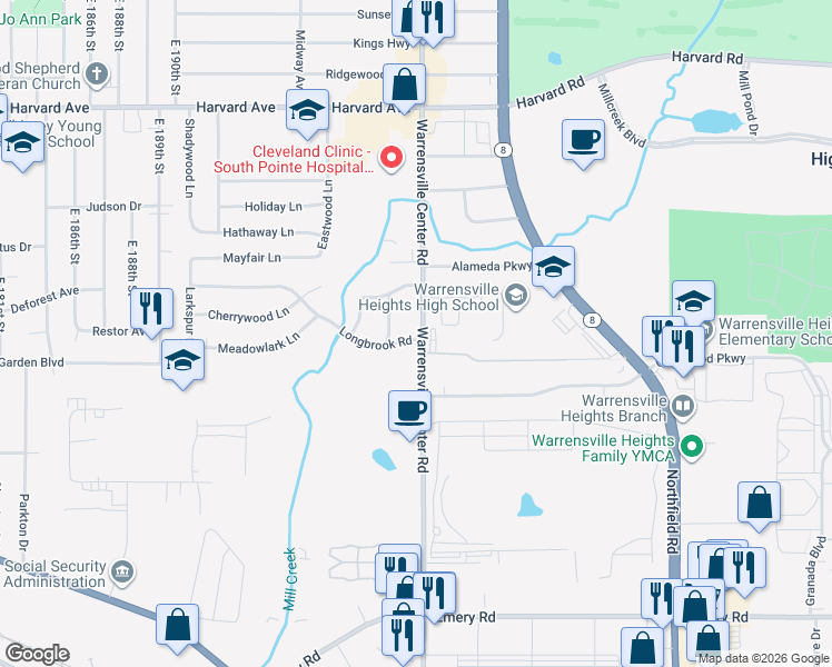 map of restaurants, bars, coffee shops, grocery stores, and more near 4275 Hickory Lane in Warrensville Heights