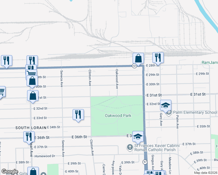 map of restaurants, bars, coffee shops, grocery stores, and more near 2058 East 30th Street in Lorain