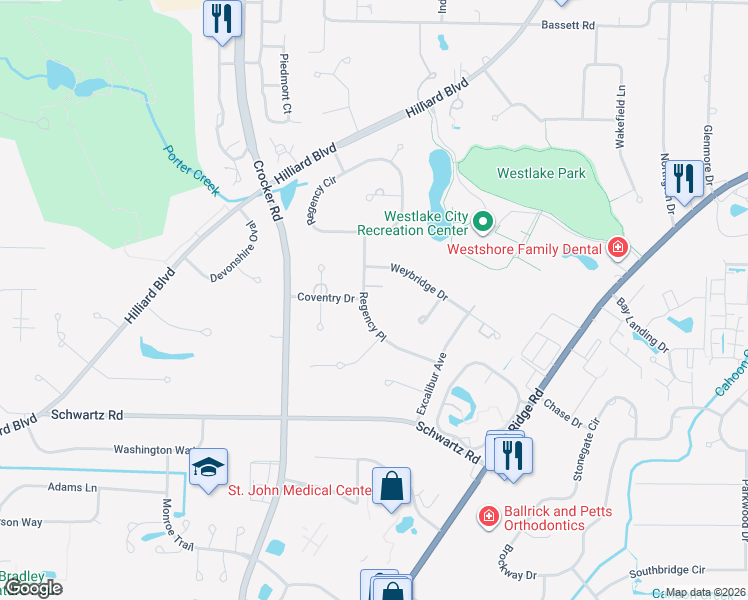map of restaurants, bars, coffee shops, grocery stores, and more near 3115 Regency Place in Westlake