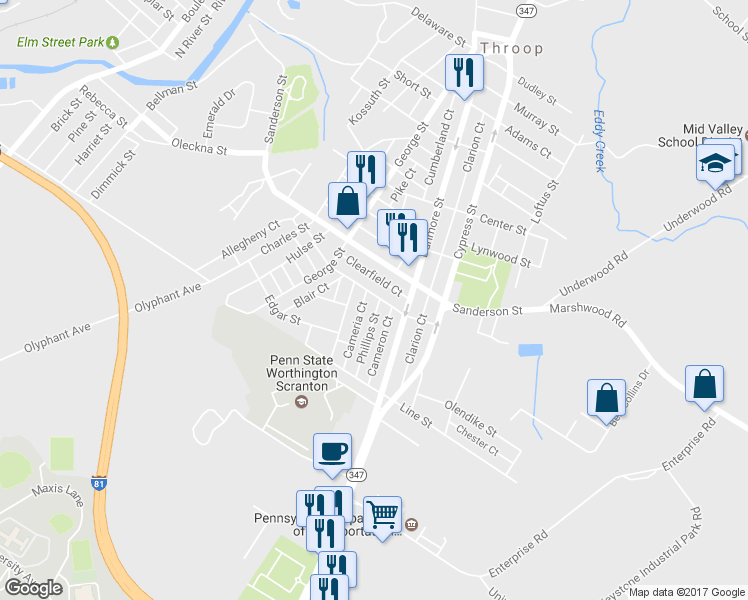 map of restaurants, bars, coffee shops, grocery stores, and more near 183 Phillips Street in Scranton