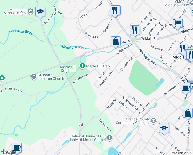 map of restaurants, bars, coffee shops, grocery stores, and more near 23 Pine Street in Middletown