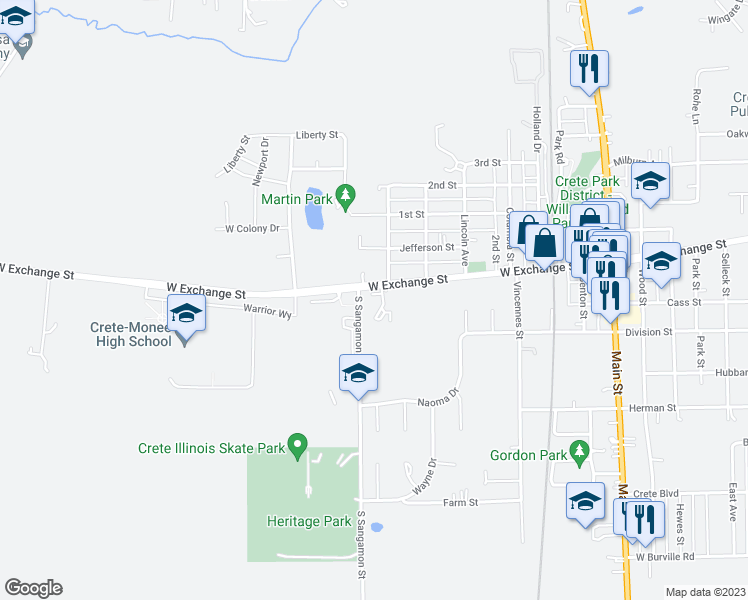 map of restaurants, bars, coffee shops, grocery stores, and more near 722 West Exchange Street in Crete