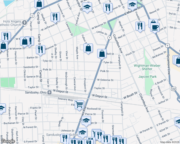 map of restaurants, bars, coffee shops, grocery stores, and more near 708 Polk Street in Sandusky