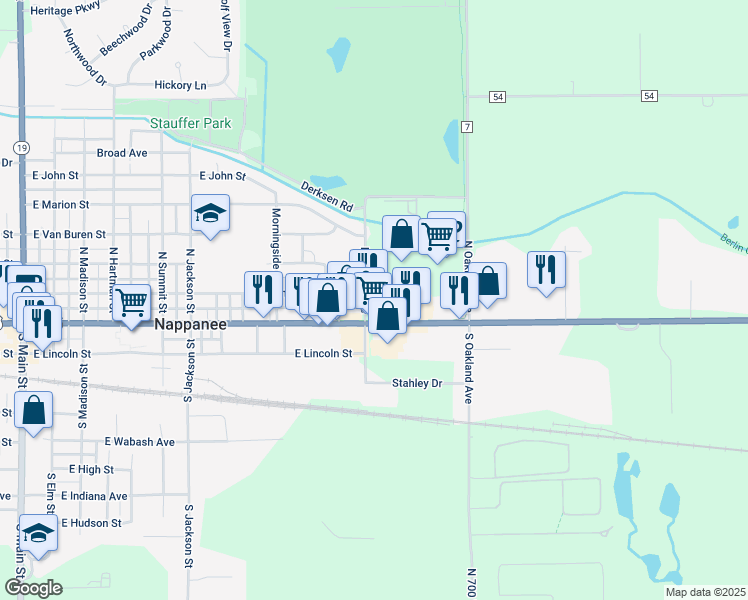 map of restaurants, bars, coffee shops, grocery stores, and more near 175 North Miriam Street in Nappanee