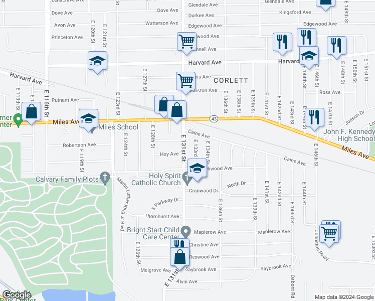 map of restaurants, bars, coffee shops, grocery stores, and more near 4263 East 131st Street in Cleveland