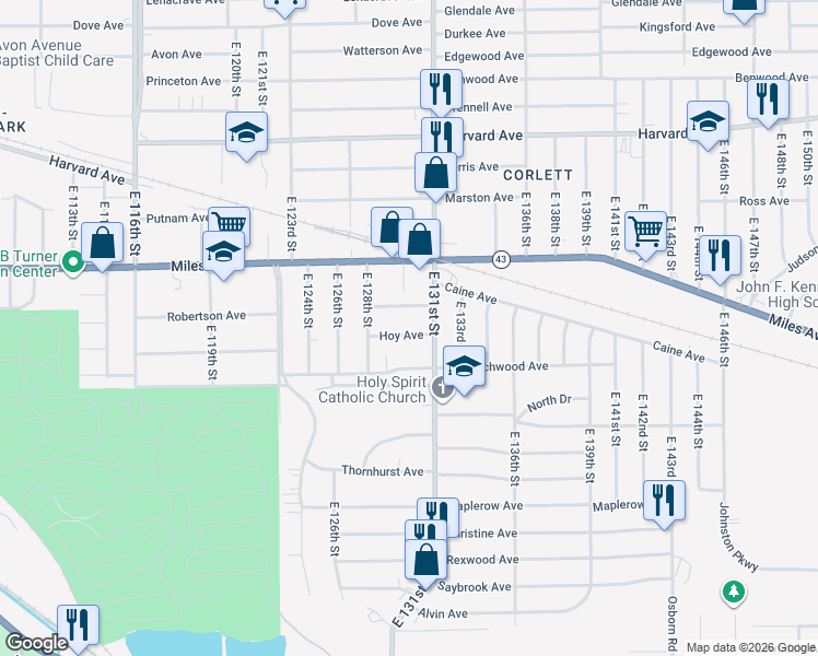 map of restaurants, bars, coffee shops, grocery stores, and more near 12909 Hoy Avenue in Cleveland