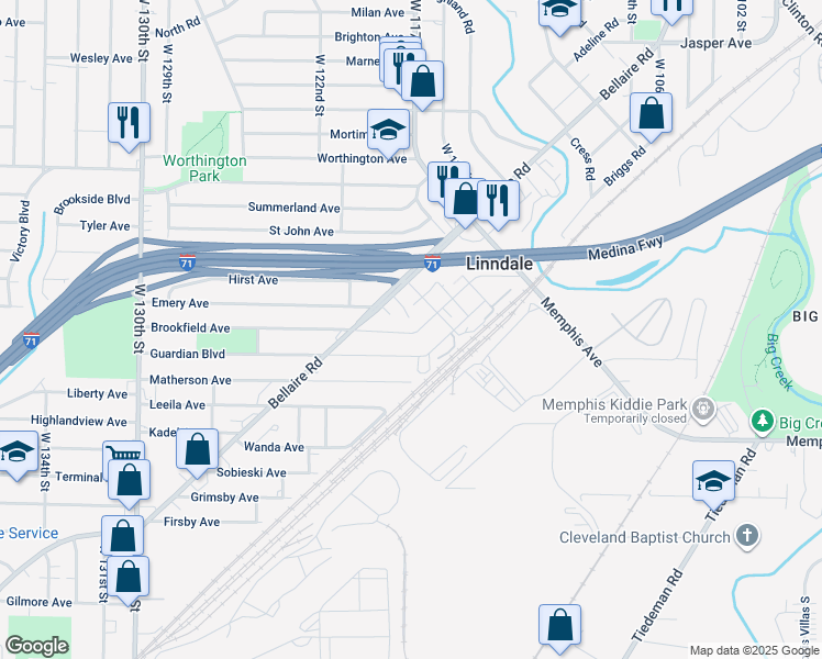 map of restaurants, bars, coffee shops, grocery stores, and more near 11714 Brookfield Avenue in Cleveland