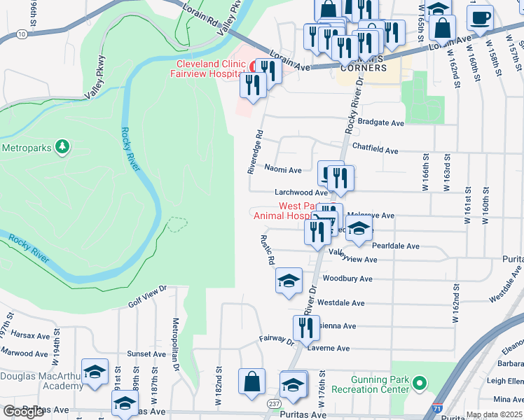 map of restaurants, bars, coffee shops, grocery stores, and more near 18027 Larchwood Avenue in Cleveland