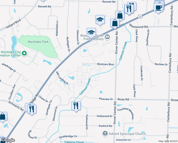 map of restaurants, bars, coffee shops, grocery stores, and more near 27359 Westown Boulevard in Westlake