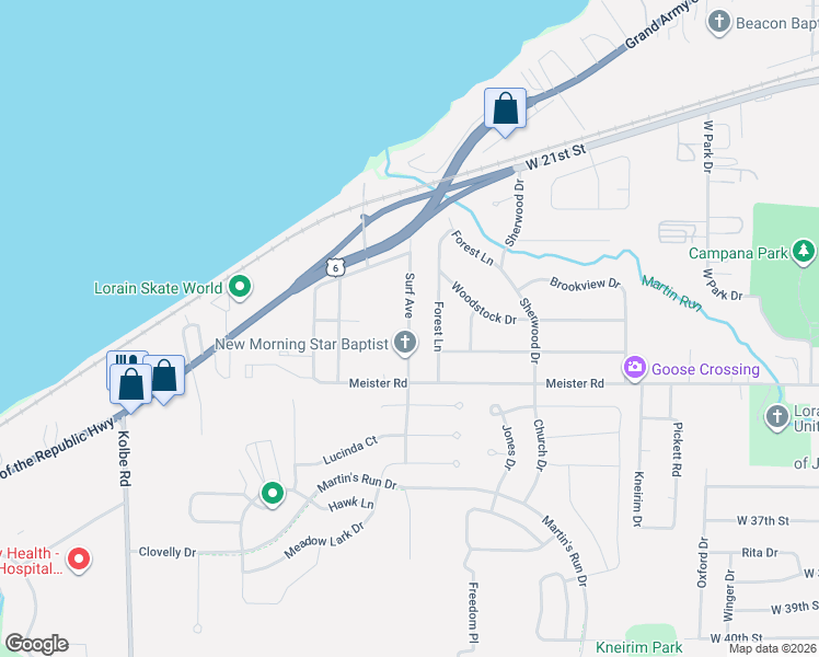 map of restaurants, bars, coffee shops, grocery stores, and more near 2903 Surf Avenue in Lorain