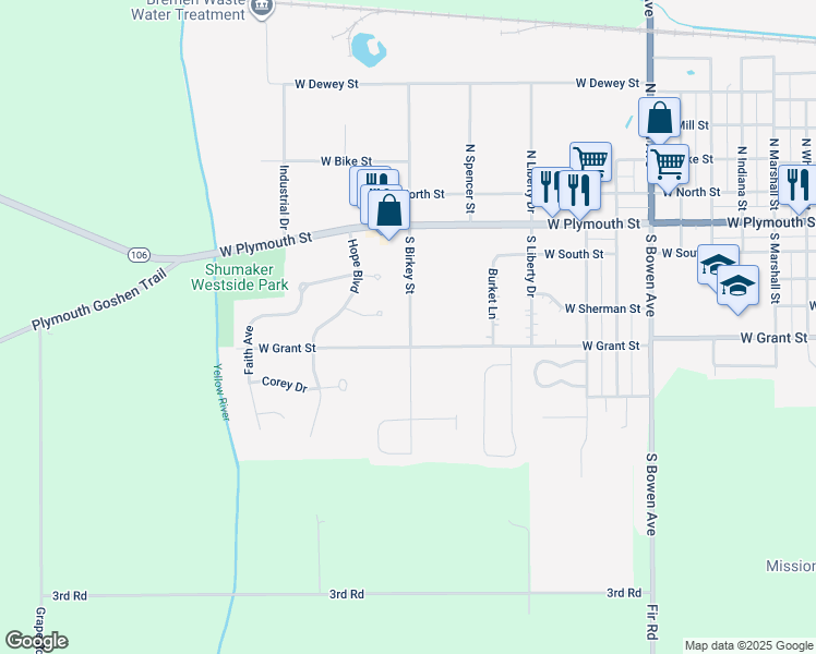 map of restaurants, bars, coffee shops, grocery stores, and more near 331 South Birkey Street in Bremen