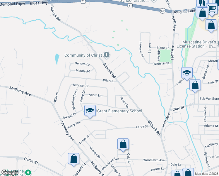 map of restaurants, bars, coffee shops, grocery stores, and more near 1103 Sunrise Circle in Muscatine