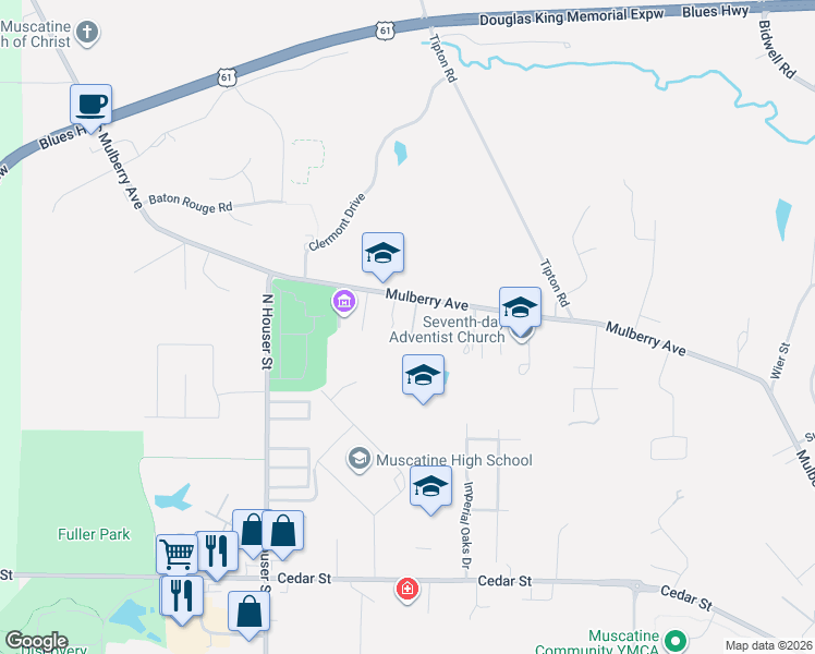 map of restaurants, bars, coffee shops, grocery stores, and more near 3208 Mulberry Avenue in Muscatine