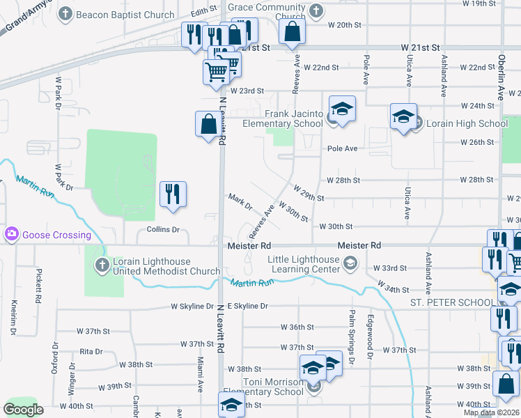 map of restaurants, bars, coffee shops, grocery stores, and more near 2010 Mark Drive in Lorain
