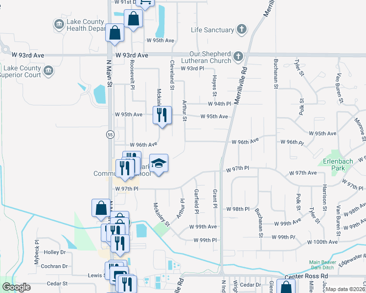 map of restaurants, bars, coffee shops, grocery stores, and more near 9600 Arthur Court in Crown Point