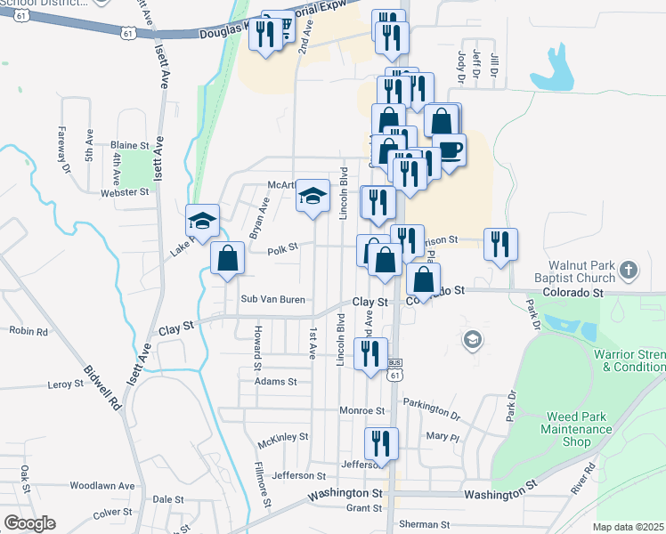map of restaurants, bars, coffee shops, grocery stores, and more near 1608 Lincoln Boulevard in Muscatine