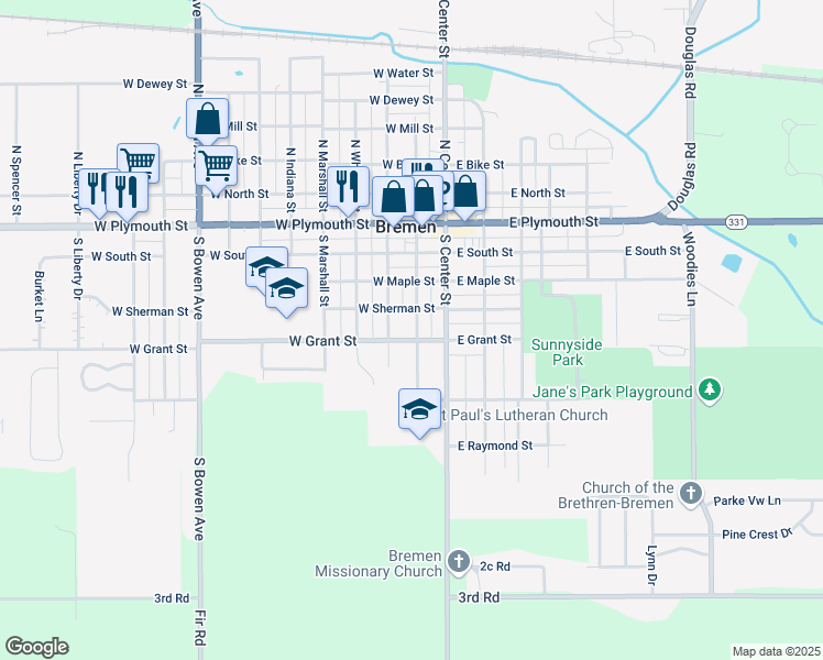 map of restaurants, bars, coffee shops, grocery stores, and more near 419 South Jackson Street in Bremen