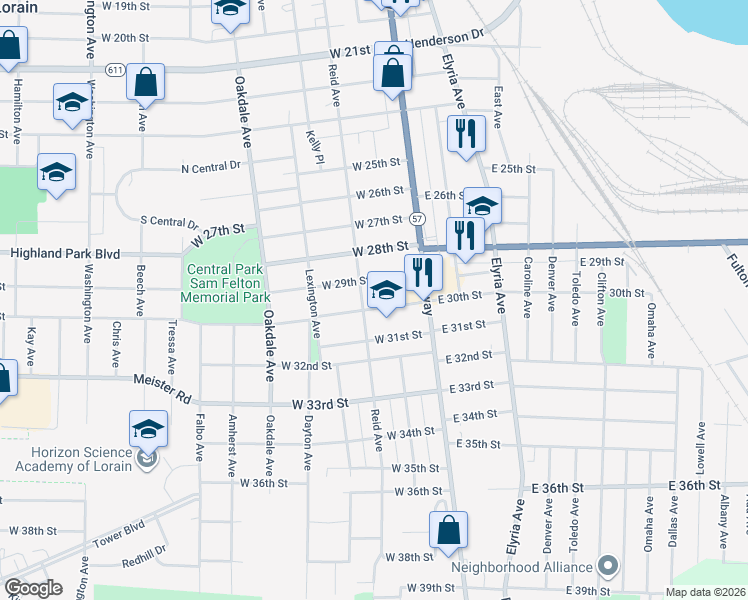 map of restaurants, bars, coffee shops, grocery stores, and more near 218 W 30th St in Lorain