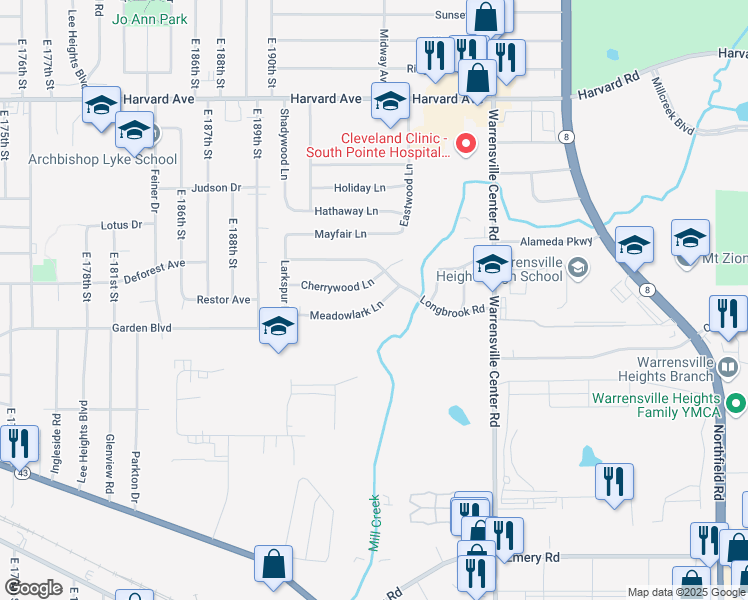 map of restaurants, bars, coffee shops, grocery stores, and more near 19611 Meadowlark Lane in Warrensville Heights