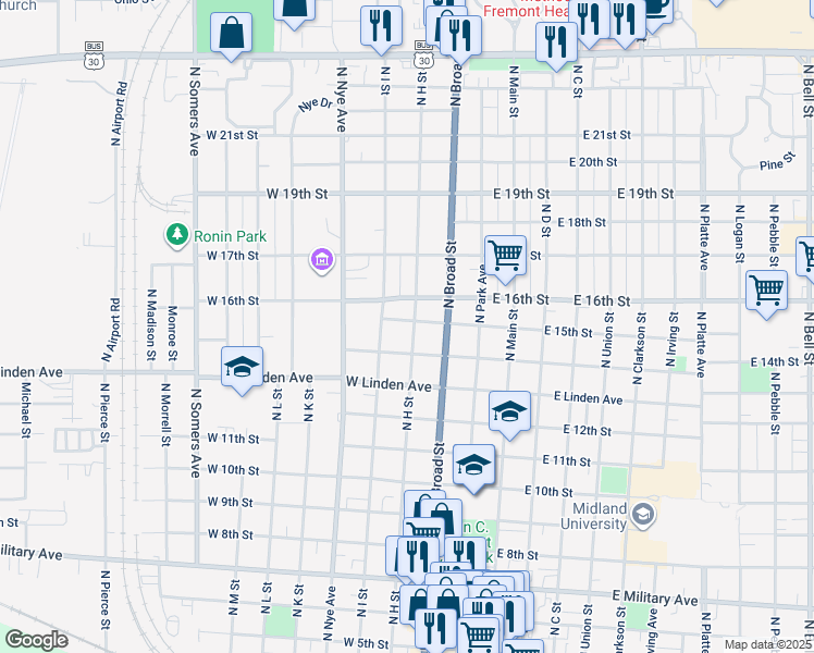 map of restaurants, bars, coffee shops, grocery stores, and more near 1455 North H Street in Fremont