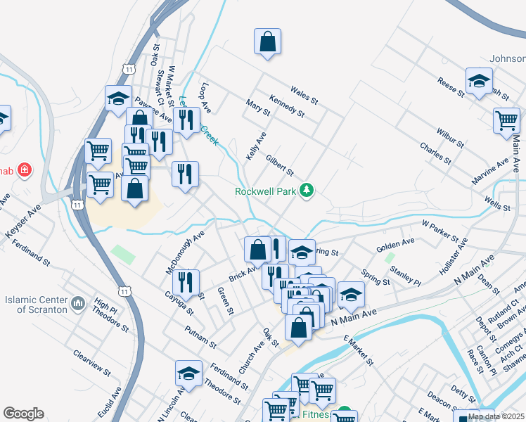 map of restaurants, bars, coffee shops, grocery stores, and more near 451 Leggett Street in Scranton