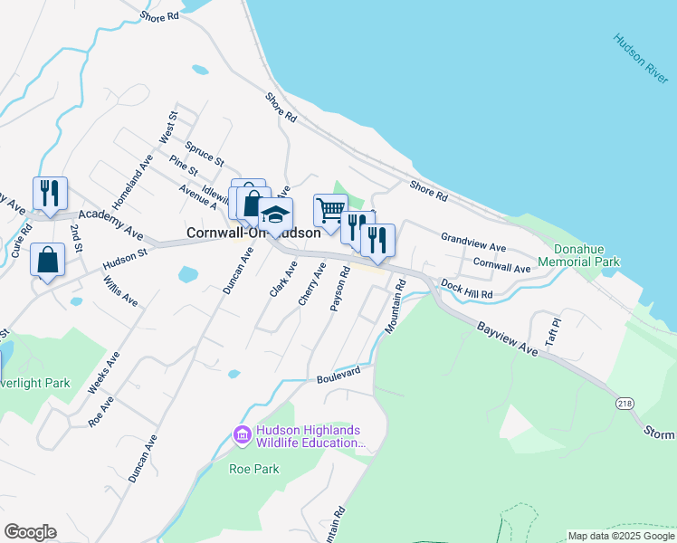 map of restaurants, bars, coffee shops, grocery stores, and more near 2 Payson Road in Cornwall-on-Hudson