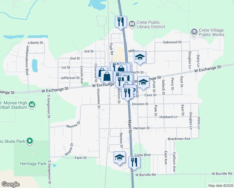map of restaurants, bars, coffee shops, grocery stores, and more near 1380 Benton Street in Crete