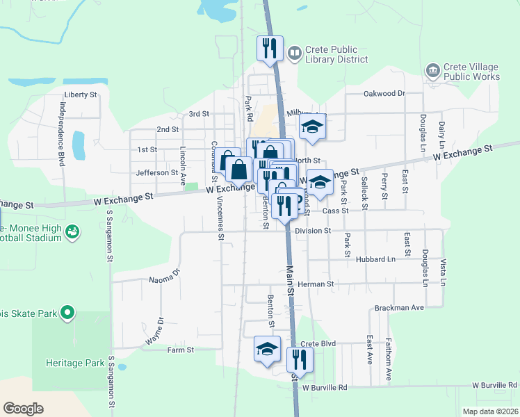 map of restaurants, bars, coffee shops, grocery stores, and more near 1380 Benton Street in Crete