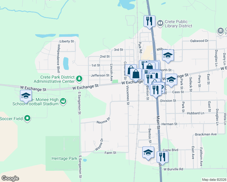 map of restaurants, bars, coffee shops, grocery stores, and more near 25 Ashley Court in Crete